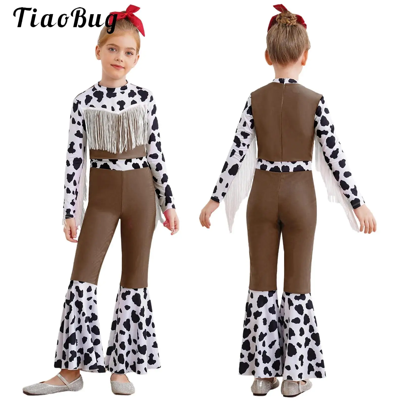 

Children Cowgirl Cosplay Jumpsuit Halloween Wild Western Carnival Party Role Play Flare Pant Fringe Jumpsuit Stage Performance