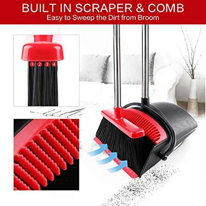 Broom And Dustpan Set Self-Cleaning With Dustpan Teeth Indoor&Outdoor Sweeping For Pets Home Garbage Dust Easy Install