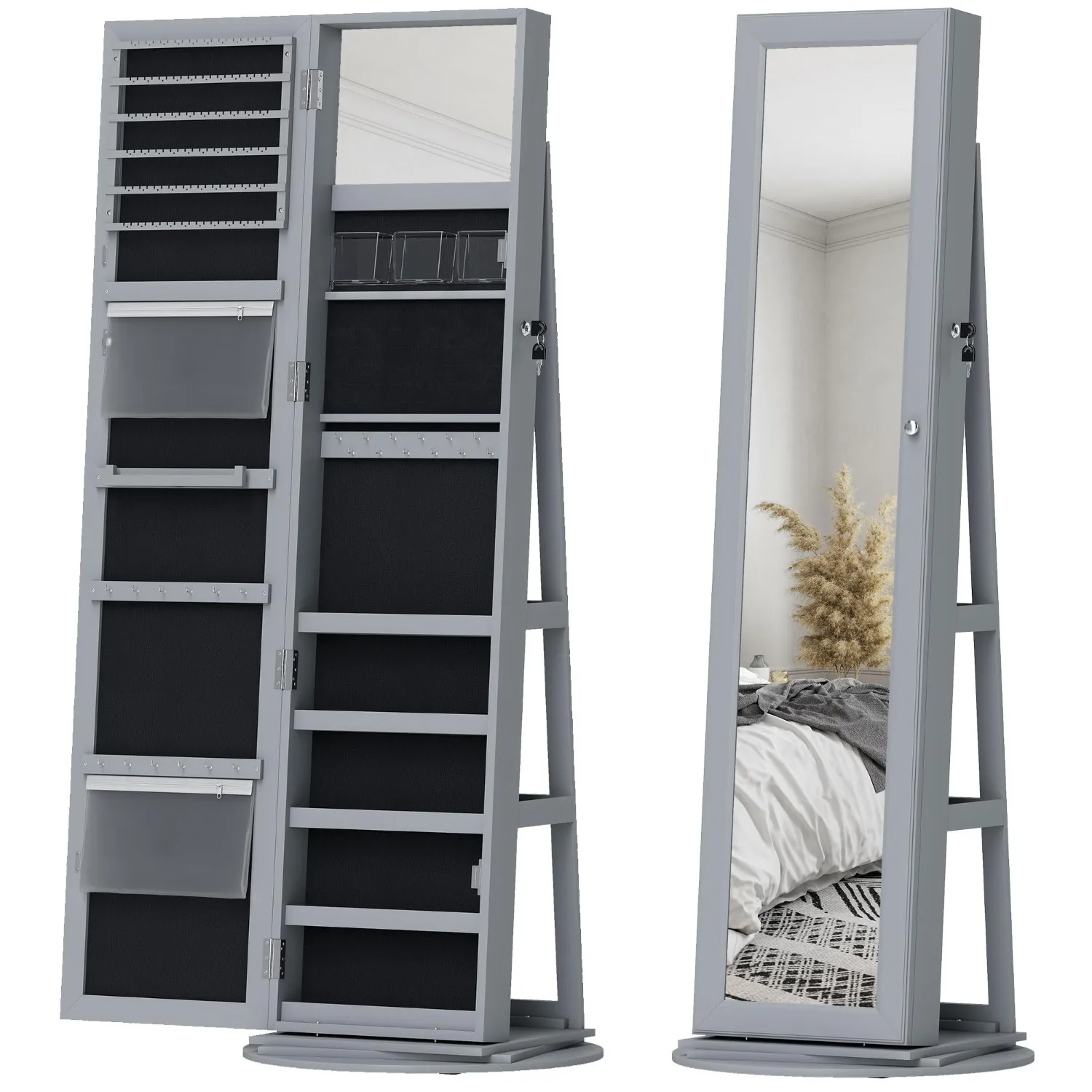 360° Swivel Jewelry Cabinet Lockable with Full-Length Mirror Gray
