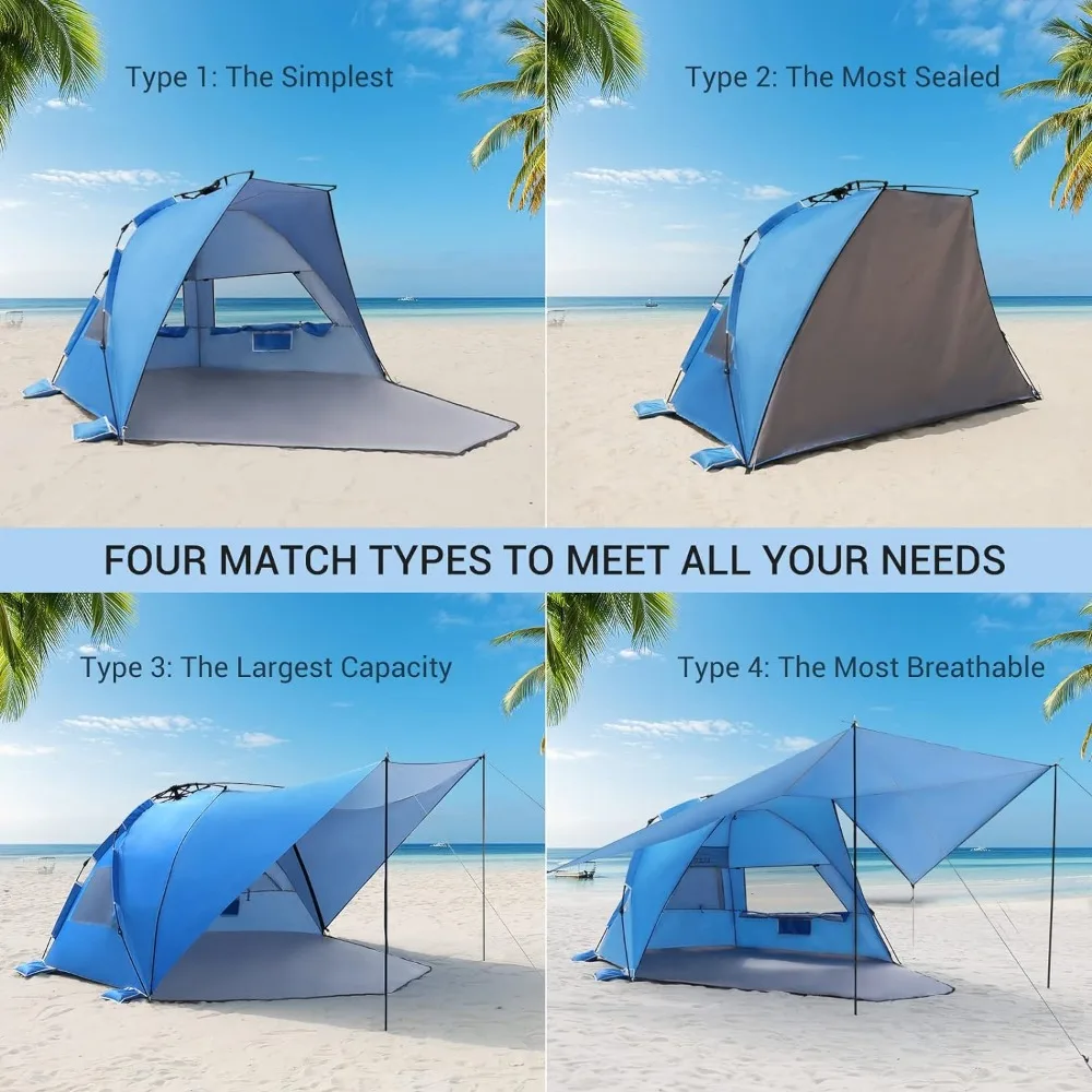 Elegear-Tenda de Praia com Dossel Removível, Pop Up Sun Shade Shelter, Instalação Automática, Duplo Prata, UPF 50 +, 4-6 Pessoa, 360 °