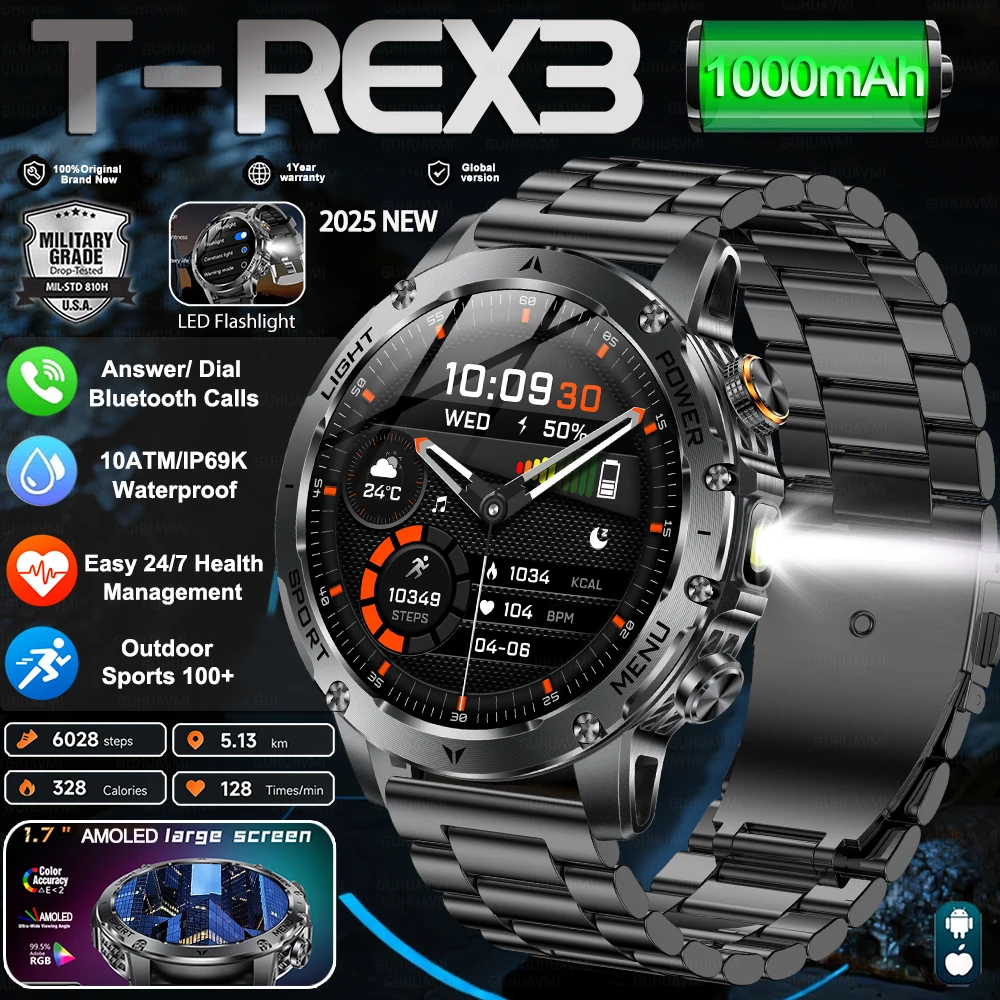 

New T-Rex3 HD 1.7-inch Large Screen 1000mAh Super Capacity Battery Adult Men Smart Watch Call 10ATM Waterproof Sports Bracelet