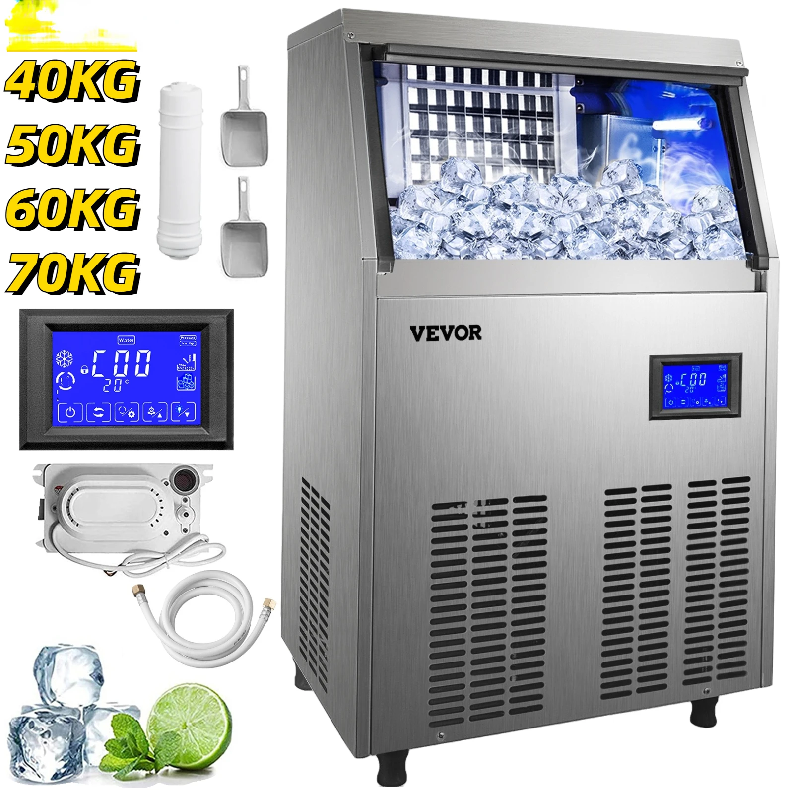 

Commercial Cube Ice Maker with Water Drain Pump 40/50/60/70 KG/24H Freestanding Auto Clean Liquid Freezer Home Appliance