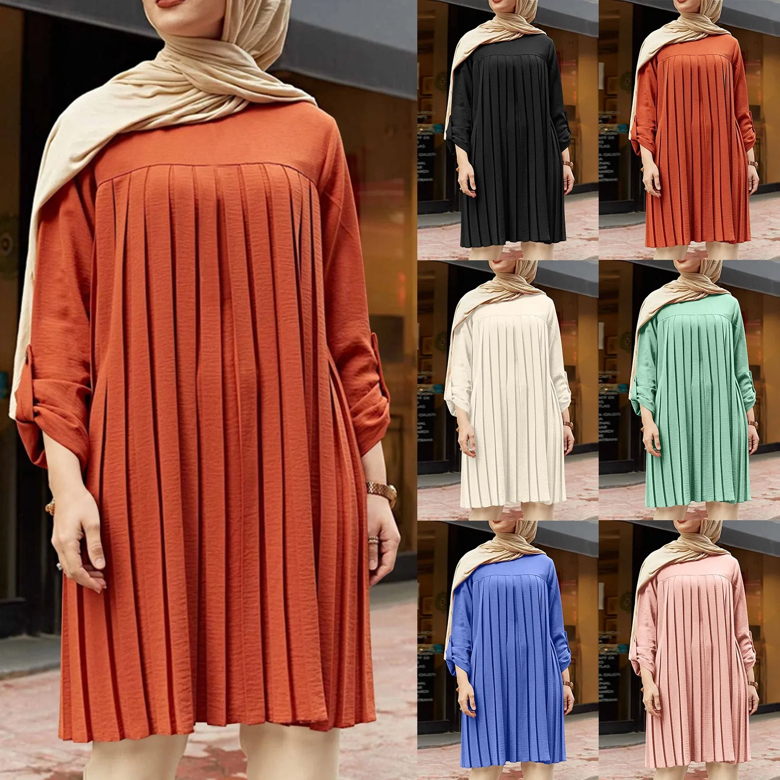 Women\'s Summer Muslim Dress Temperament Casual Solid Long Sleeved Button Ruffles Hem Dress Islam Dubai Arab Female Maxi Robe