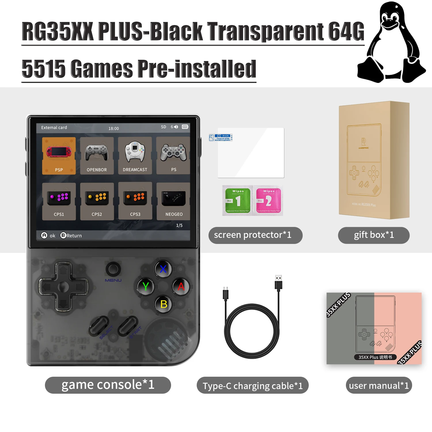 ANBERNIC-RG35XX RG35XX PLUS, reproductor de juegos portátil Retro, 64 GB, TF, más de 5000 juegos clásicos, compatible con HDMI, TV