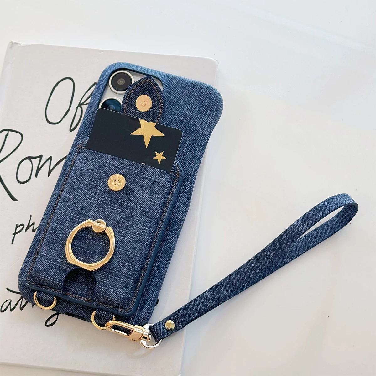 Luxury Lanyard Flip Card Holder Denim Pattern PU Leather Wallet Case For iPhone 15 Pro Max 14 Plus 13 12 11 Stand cover Shell