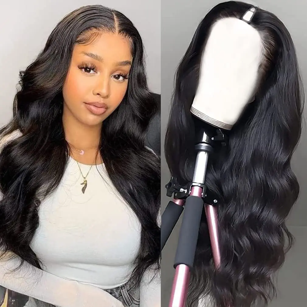 V Part Wig Body Wave Human Hair Wigs No Leave Out Glueless Remy 10-30Inches Wavy V Shape Wig Virgin 180% Natural Black For Women