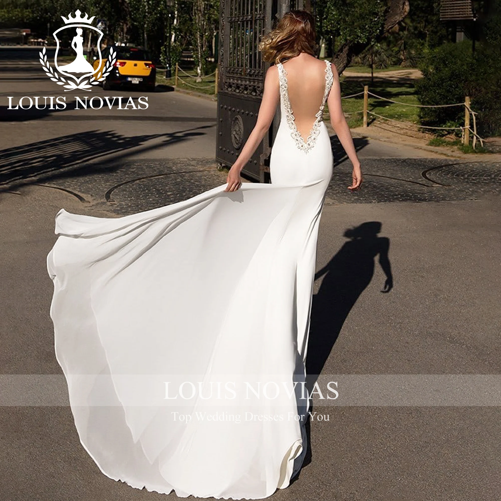 LOUIS NOVIAS Mermaid Wedding Dress 2023 Flowy SCOOP Backless Appliques Stretch Satin Slim Trumpet Wedding Gown Vestidos De Novia