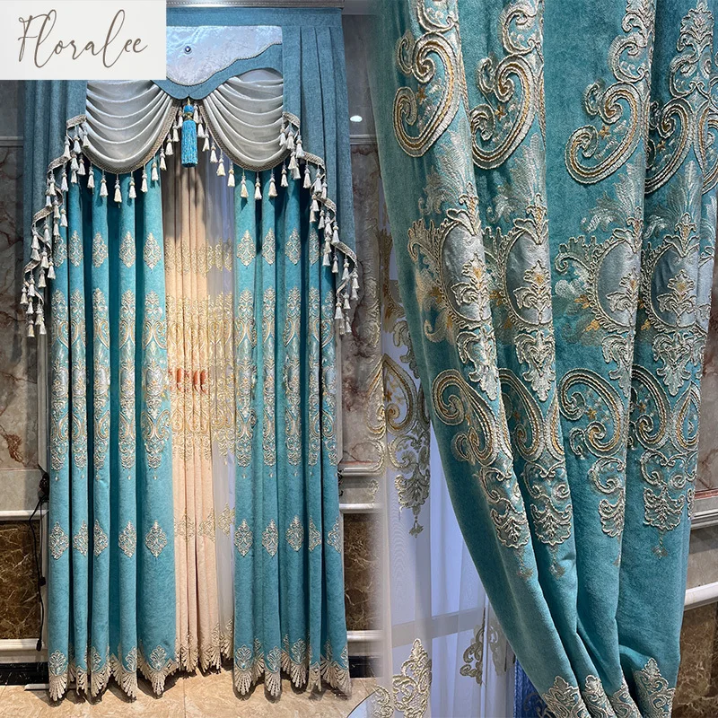 

New Light Luxury Embroidered Curtains for Living Room High-end Jacquard Velvet Blackout Window Curtains for Bedroom Customized