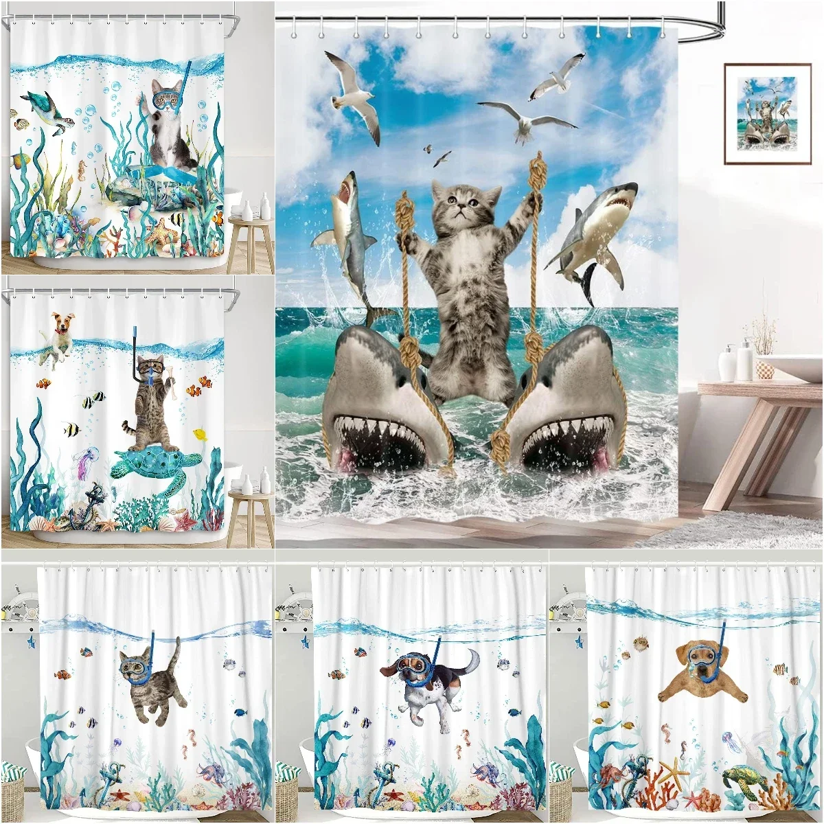 Funny Cat Shower Curtain, Dinosaur Cat Dog Animal Shark Funny Ocean Coral Goldfish Bathtub Bubbles Kids Cartoon Bathroom Decor