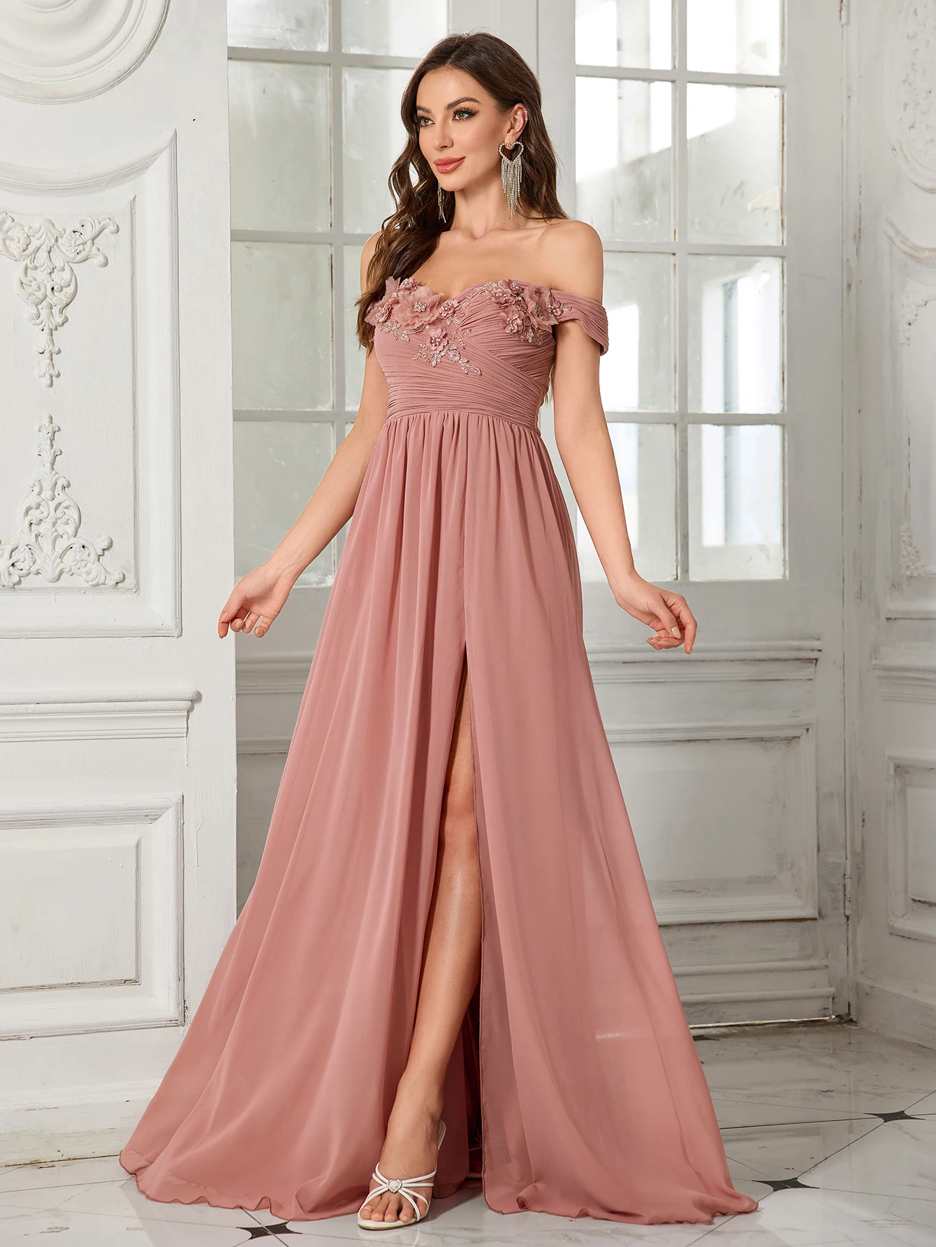 UNITHORSE 우아한 브이넥 민소매 가운, 여성용 주름 장식 스커트와 비즈 장식이 있는 럭셔리 롱 이브닝 드레스, 신부 들러리용