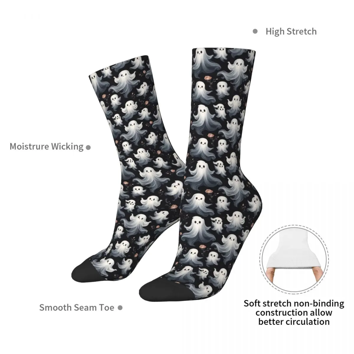 Ghostly Whimsy Cute Spirits And Flowers On Dark Canvas Socks Harajuku Stockings All Season Long Socks for Man's Woman's Gifts