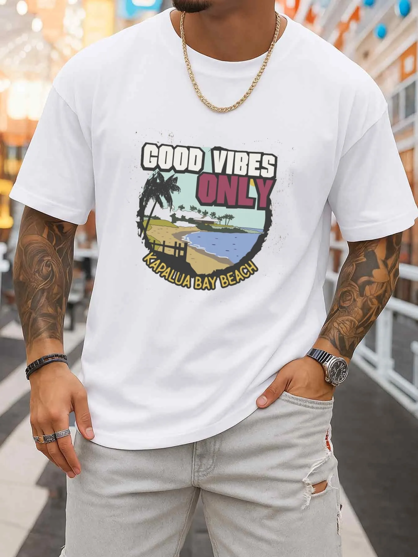 Positive Energy Beach Style Men's Printed T-Shirt, White Summer Pattern Short Sleeve, Fashionable Casual Summer Wear, Machine Washable Spring/Summer Outdoor Apparel, Spring/Summer Casual Sports Shirt, Comfortable Elastic Fabric