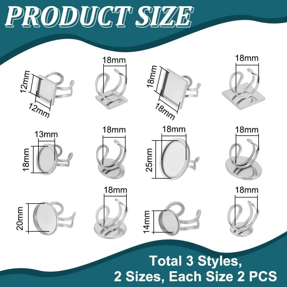 12 مجموعات 6 أحجام شقة مستديرة كابوشون حلقة صواني الفولاذ المقاوم للصدأ حلقات فارغة قابل للتعديل البنصر قواعد مربع مفتوح صنع عدة
