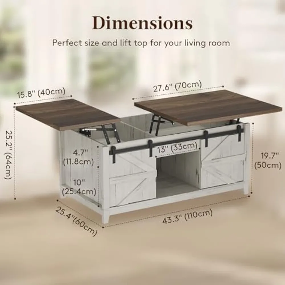 Farmhouse Double Lift Top Coffee Table with Sliding Barn Doors, Wood Square Center Table with Large Hidden Storage Space，White