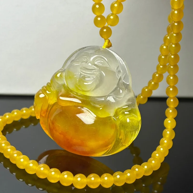 

Natural yellow Perfect Ice Jade Jadeite Buddha Pendant&Necklace Certified