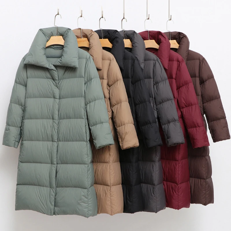 Hiver longue bouffante revers mince doudoune femmes blanc canard vers le bas genou longueur doudoune femme chaud fermeture éclair solide Parker outwear
