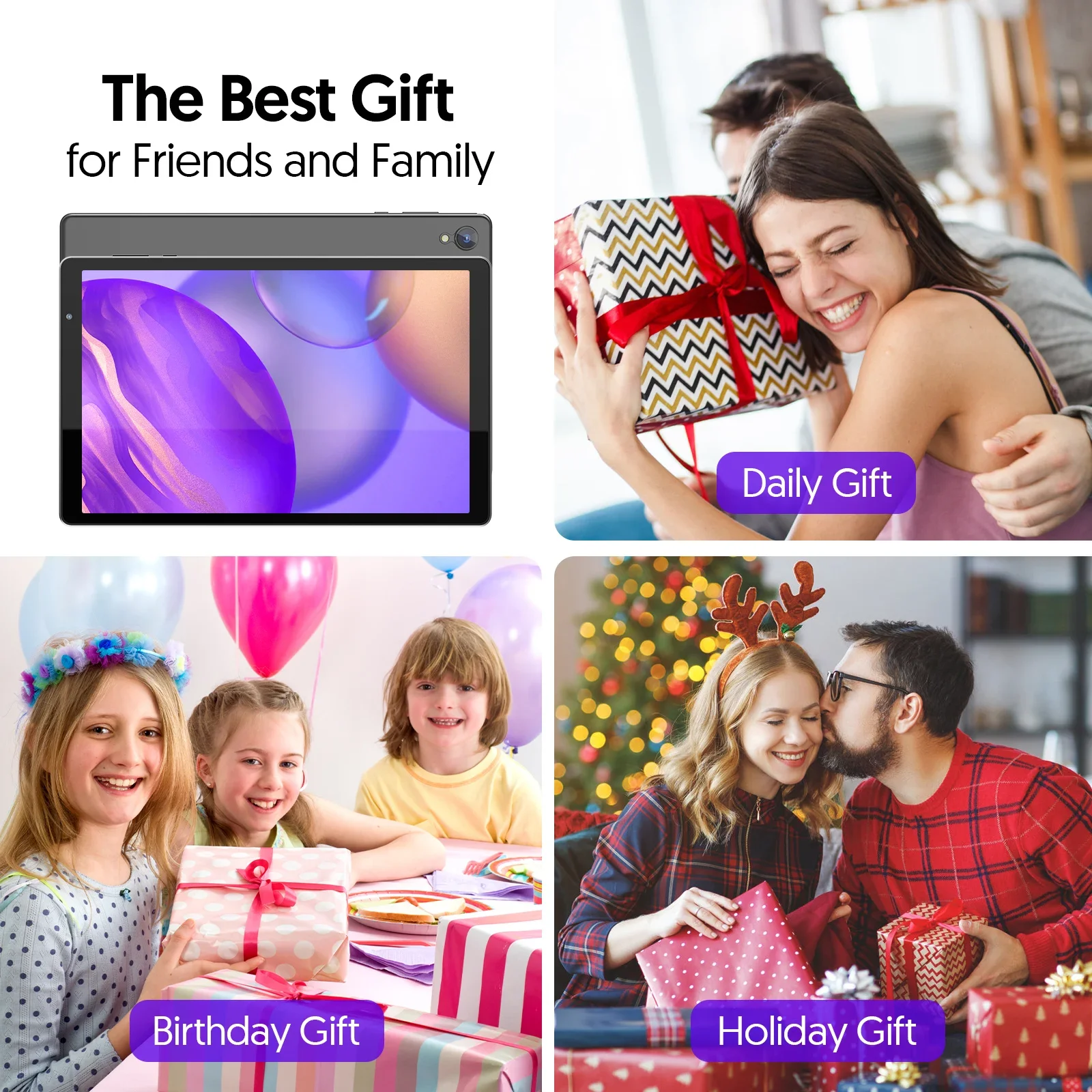 Tablette 10 pouces, Android 14, processeur quad-core, 4 Go de RAM (2 Go + 2 Go extensible), stockage 32 Go, Wi-Fi, double caméra, 6000 mAh