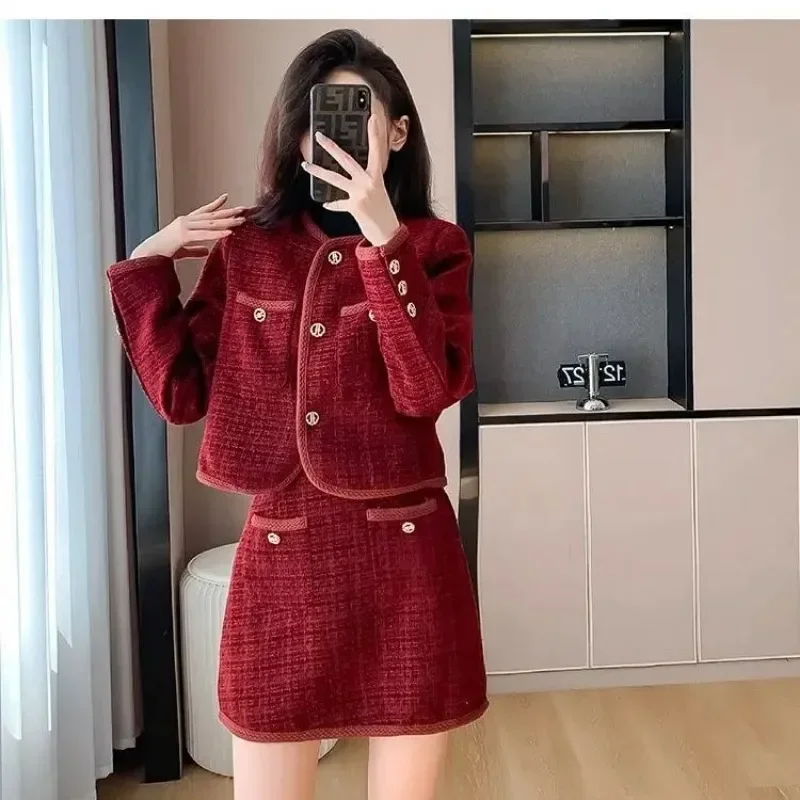 Insozkdg Women Autumn Thickened Padded Small Fragrance Tweed Blazer Skirt Sets Retro Elegancki płaszcz z okrągłym dekoltem + spódnica 2-częściowy