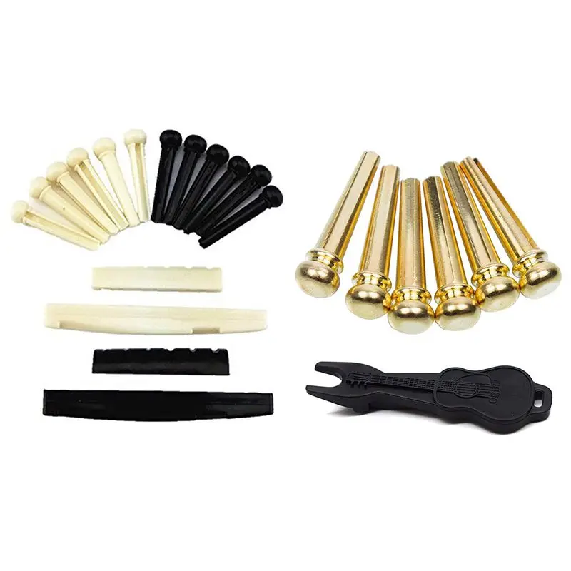 1 Set Guitar Bridge Pins 6Pcs Copper Endpin 6 String Pegs & 1 Set Black And White ABS Bridge Pins & Saddle & Nut