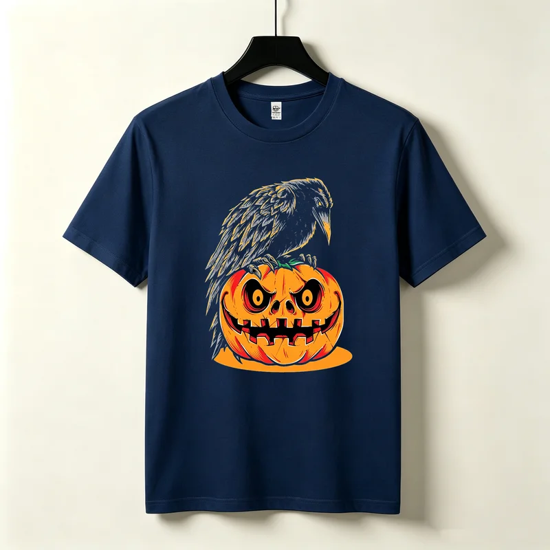 Crow Pumpkin Halloween T-Shirt Raven Spooky Season Tee Casual Fall Streetwear for Men Women Halloween Party Costume Top