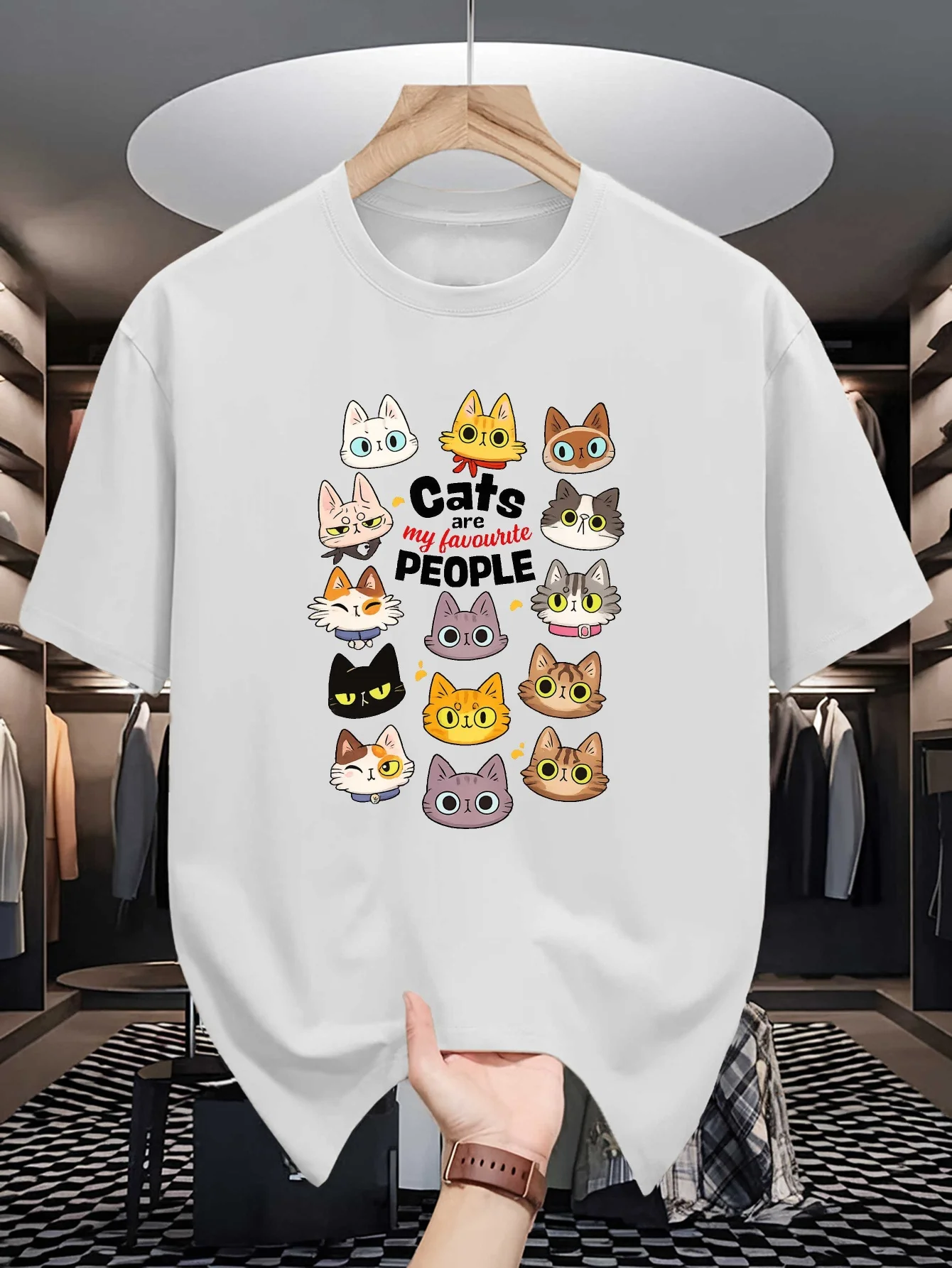Mens Crew Neck T Shirt Cats Are My Favourite People Cartoon Kitten Graphic Short Sleeve Casual Cotton Cat Lover Streetwear Tees
