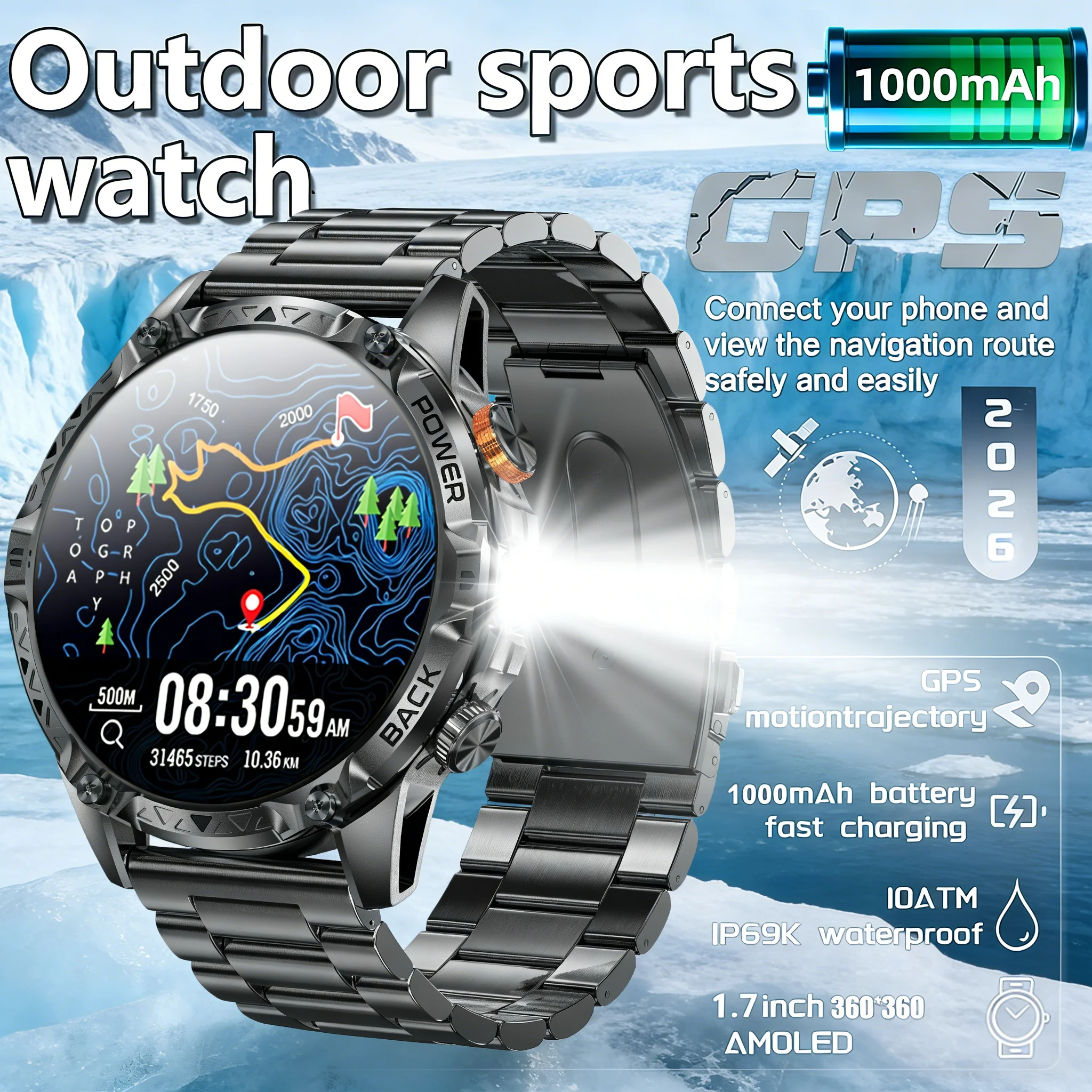 

NEW Built-in GPS Waterproof Sport Smart Watch Men 1000mAh Large Battery Bluetooth Call Reverse Charge Flashlight Gift 2026 Women