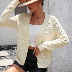 Autumn and Winter Women's Round Neck Patchwork Hollow Out Loose Solid Cardigan Fashion Casual Elegant Commuter Long Sleeve Tops