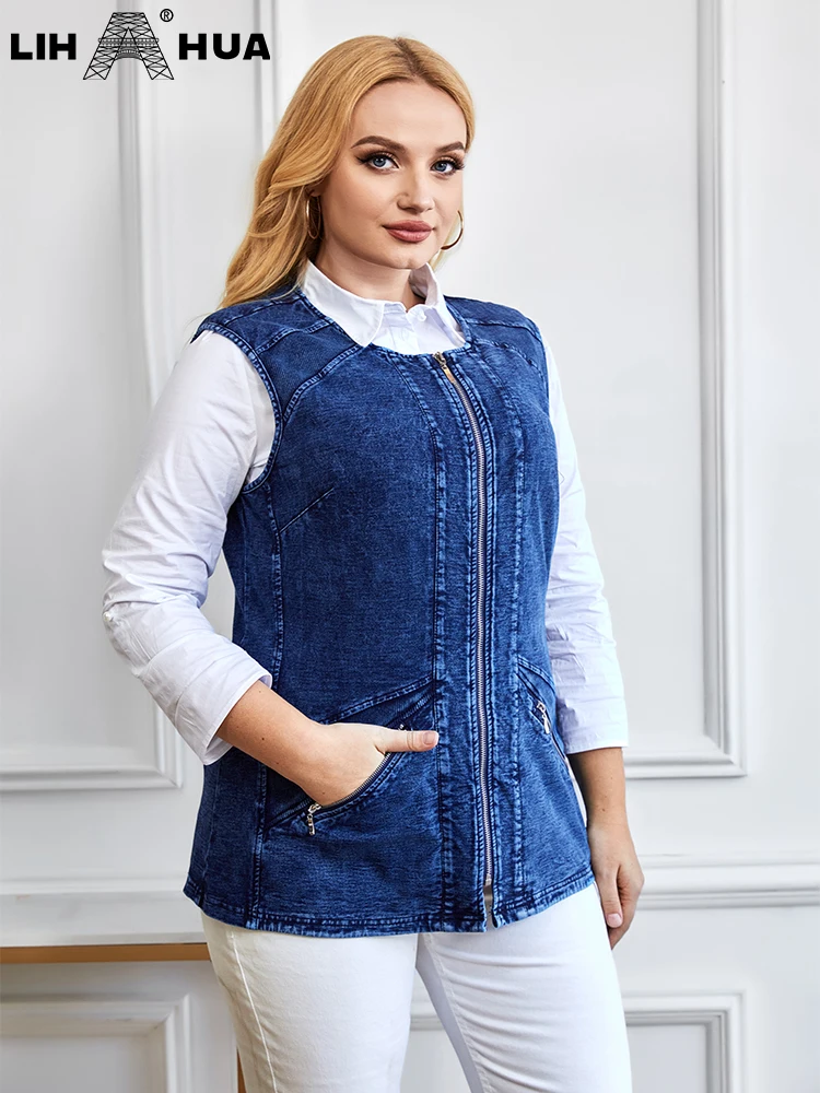 

LIH HUA Women's Plus Size Denim Vest Round Neck Spring Chic Elegant Vest For Chubby Women Cotton Knitted Vest