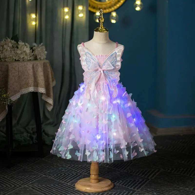 Vestido de malla con estampado de mariposa en 3D para niña, traje de princesa hinchada con alas púrpuras, de 3 a 8 años, 2024