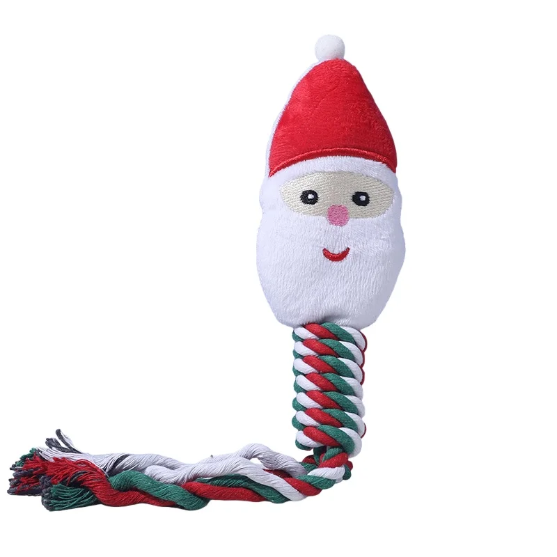 Christmas Dog Cotton Squeak Rope Toy for Aggressive Chewers Holiday Pet Gift for Puppy Cats Santa Tree Snow Shaped Knot Tug Toy