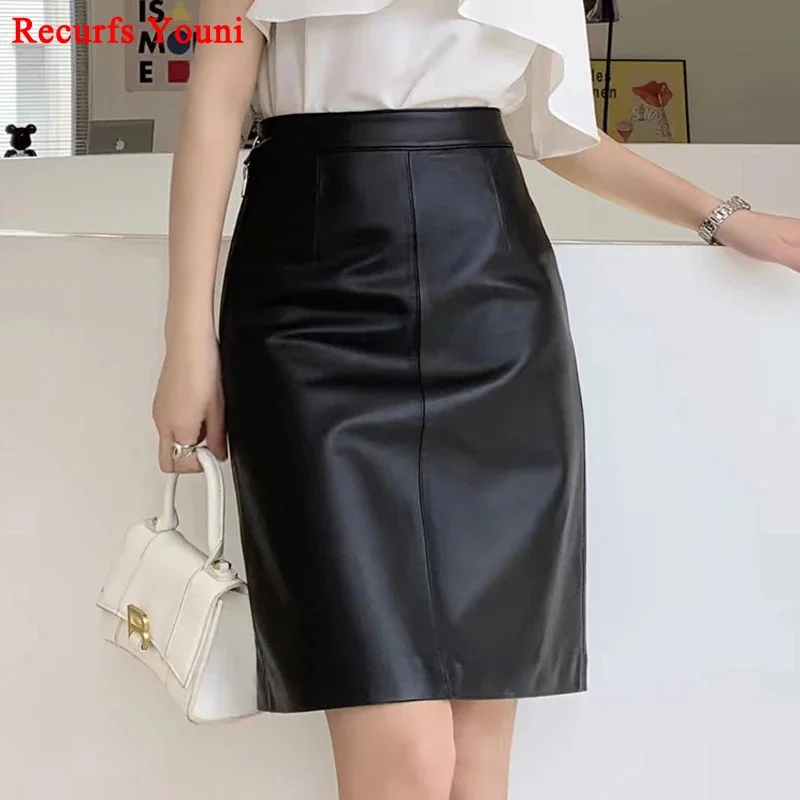 

Lady Office Leather Skirts For Women 2024 New Genuine Sheepskin Short Jupe Mujer Business Etiquette Black Midi Wrapped Faldas