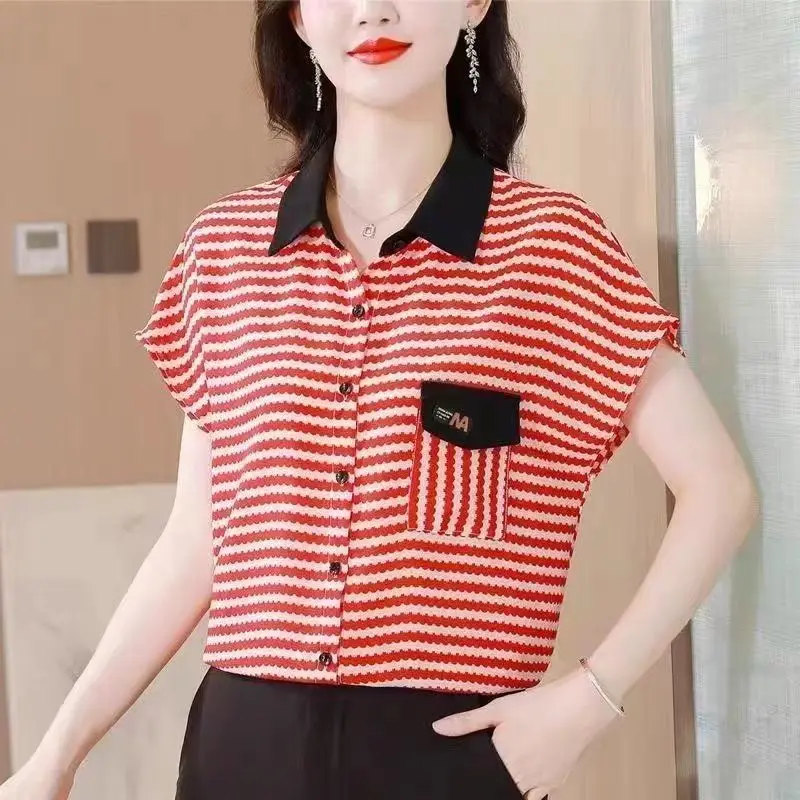 Women\'s Summer Turn-down Collar Flower Stripe Printing Pockets Button Pullover Chiffon Short Sleeve T-shirt Contrast Color Tops