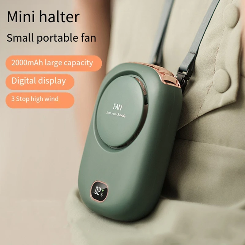 Ventilador portátil para colgar en el cuello, miniventilador portátil de 2000Mah, funciona con batería, recargable por USB, Enfriador de aire de 3 velocidades