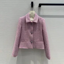 2024 Early Autumn Vintage Light Purple Tweed Jacket Women Lapel Long Sleeve Diamonds Buttons Short Design Slim Sweet Girl Coat