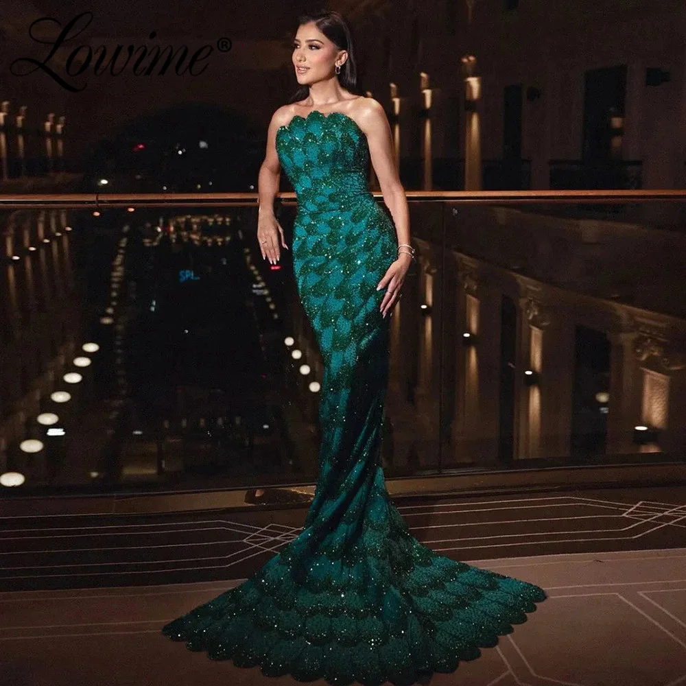 

Exquisite Emerald Green Mermaid Celebrity Dresses Strapless Beaded Arabic Formal Party Gowns Customized Wedding Guest Dress Long