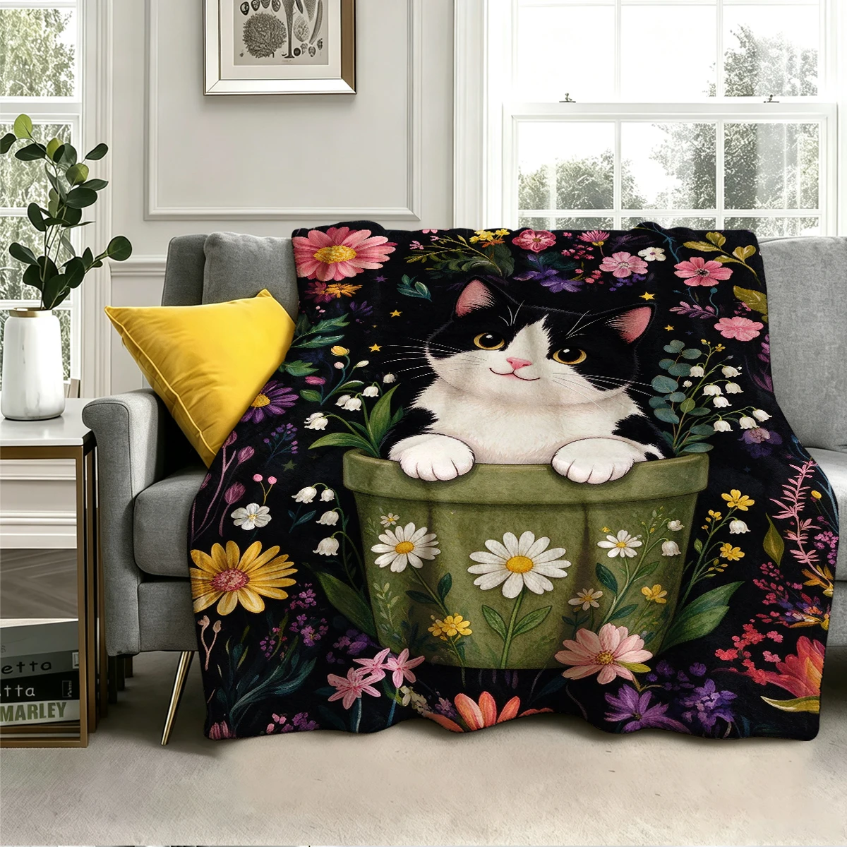 Tuxedo Cat Lily Green Pot Flannel Blanket Warm Soft Halloween Christmas Decorative Couch Warm Cozy All-Season Gift
