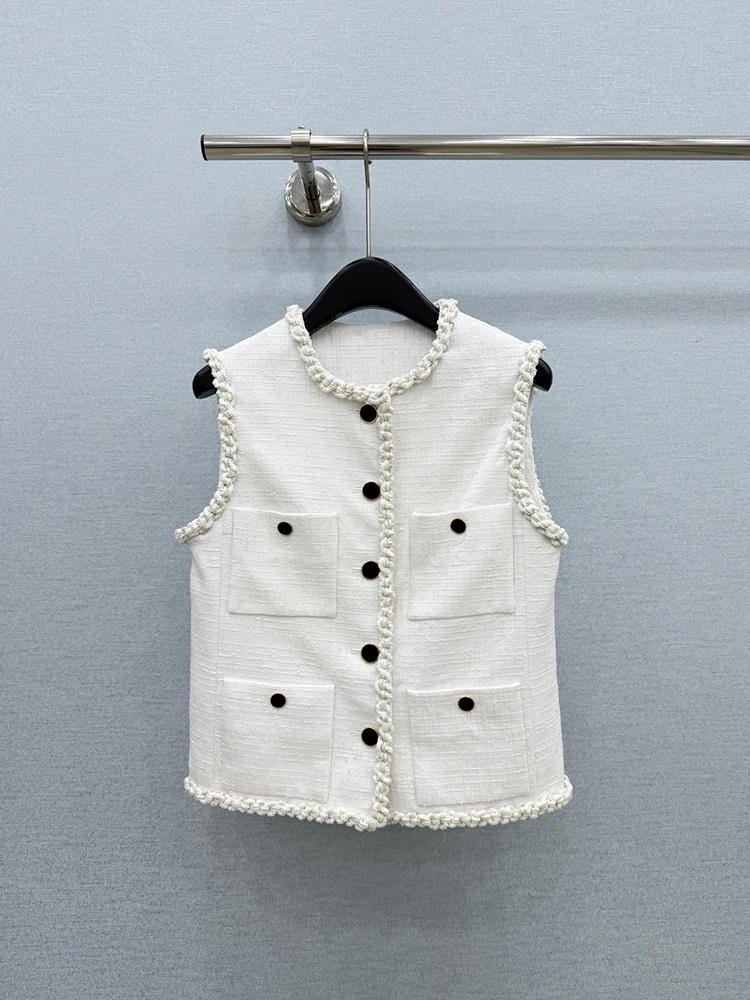 Spring Summer Fashion Daily Casual Coarse Wool Fabric Waistcoat Women's O-Neck Sleeveless Multi Pocket Straight Barrel Coat