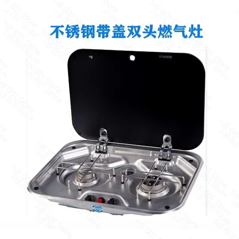 RV Gas Stove With Lid Stainless Steel Double Burner for Camper Trailer Modification