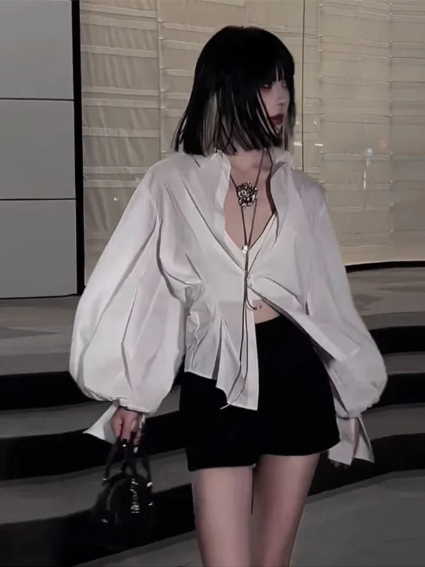 

Slim Fit Korean Style Women's Shirt Lantern Sleeve Gathered Waist Design Casual Chic Top White Color for Young Women