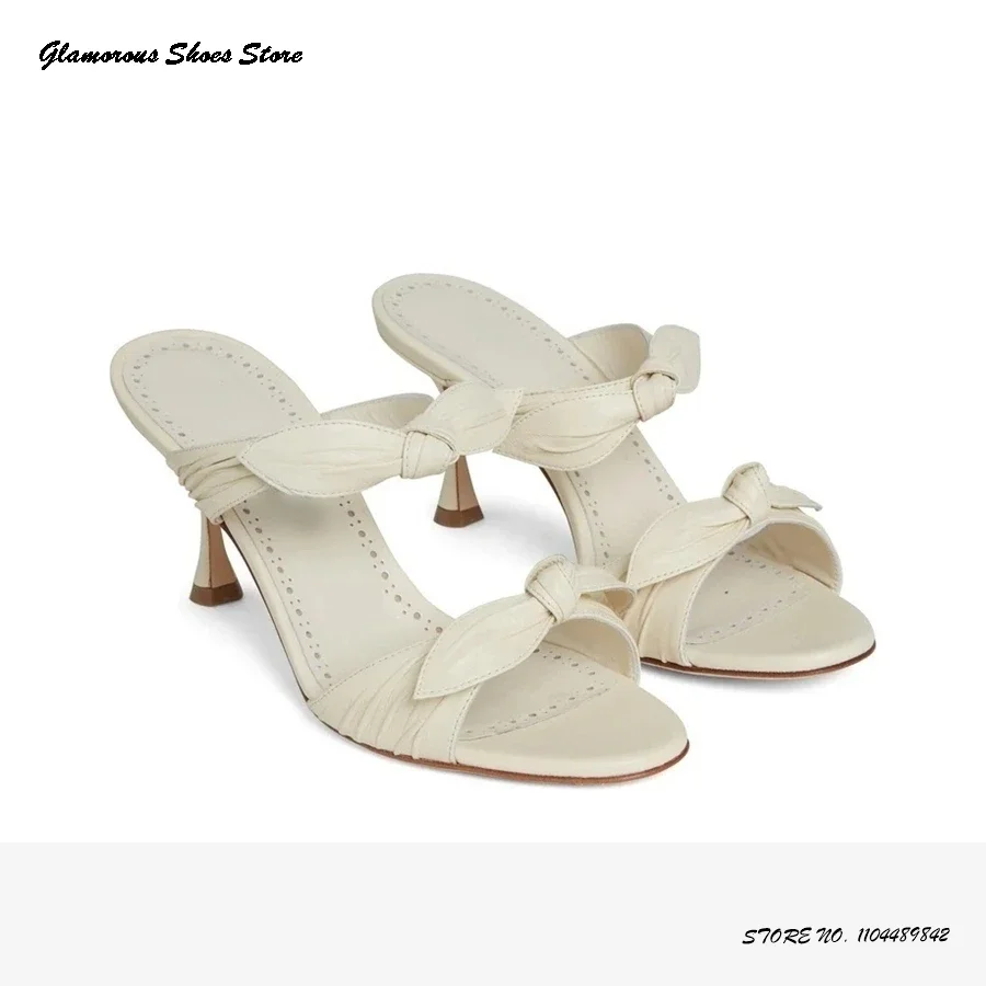 

Белые кожаные сабо с бантом, женские свадебные туфли, элегантные сандалии на круглом каблуке с открытым носком, летние вечерние тапочки