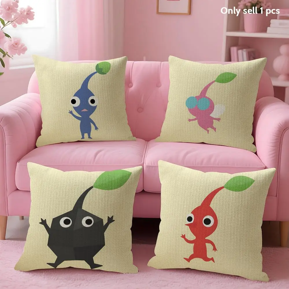 Cute Anime Game P-Pikmin Cushion Cover Natural Linen Organic Fabric Double-Sided Printing Sofa Home Decor Gift Pillow Case