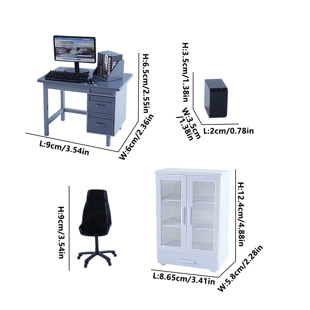 1:12 ドールハウスミニチュアオフィス家具セットシミュレーションコンピュータデスクモデル本棚ドールハウス装飾アクセサリー