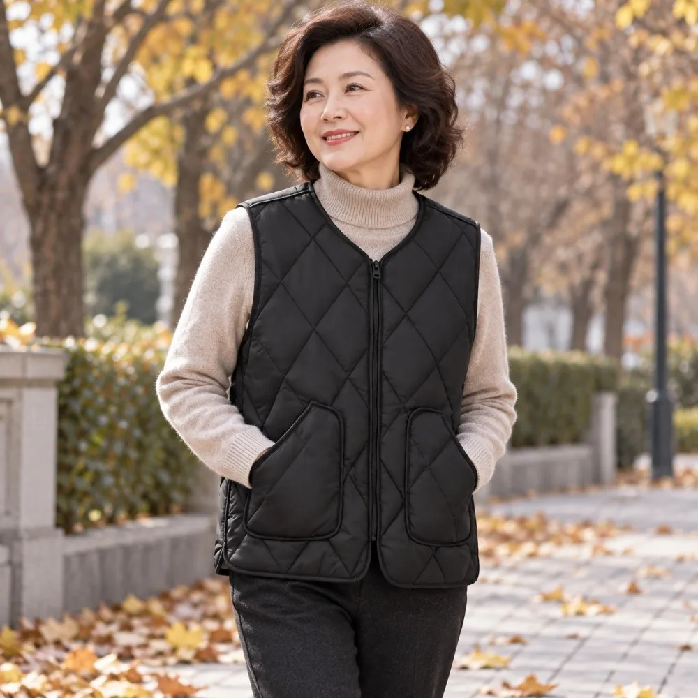 Versatile Zipper Closure Women's Vest Sleeveless Plus Size Cotton Vest Warm Cotton Fill Loose Waistcoat Autumn Winter