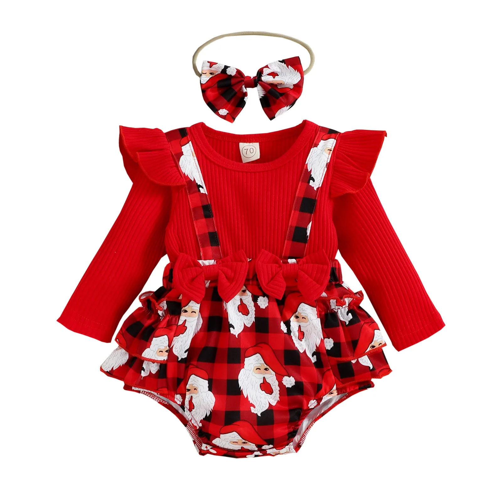 Christmas Romper For Infant Girls Ruffles Long Sleeve Plaid Santa Claus Prints Bowknot Newborn Bodysuits Headbands Set Xmas Gift