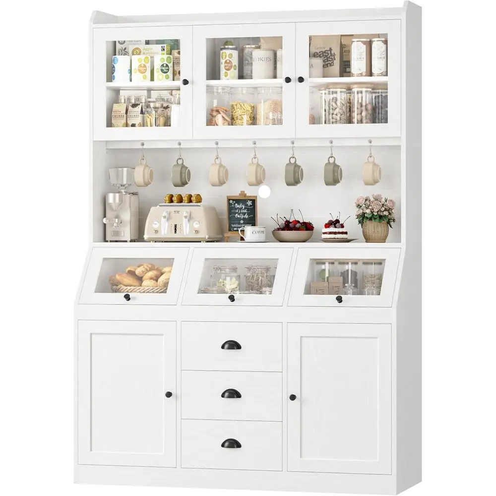 Armario de Cocina Alto Blanco de 71.4 Pulgadas con 3 Paneras, Aparador de 47.2 Pulgadas de Ancho, 7 Ganchos, Puerta de Vidrio