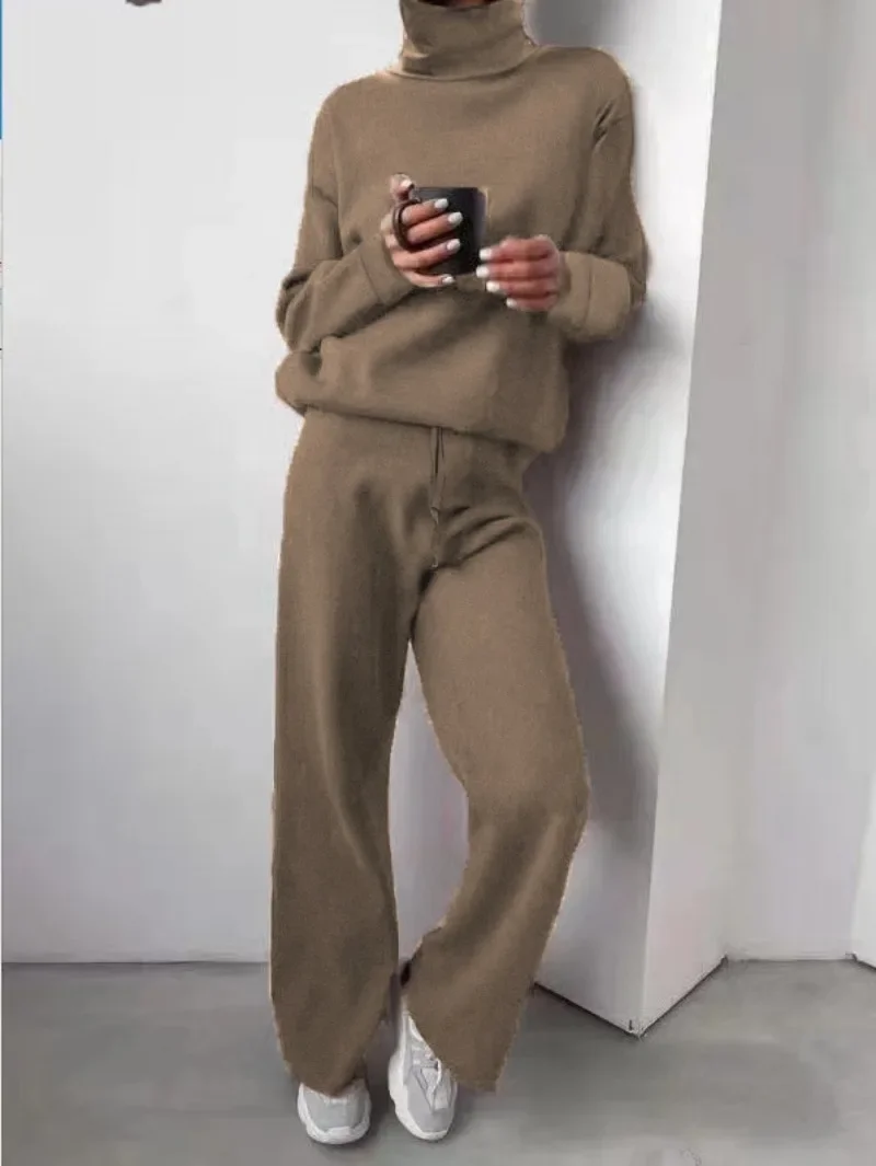 Women Winter Sweater Clothes Set Turtleneck Solid Color Stitching Lady Knitted Two-piece Suit  Woman Sweaters