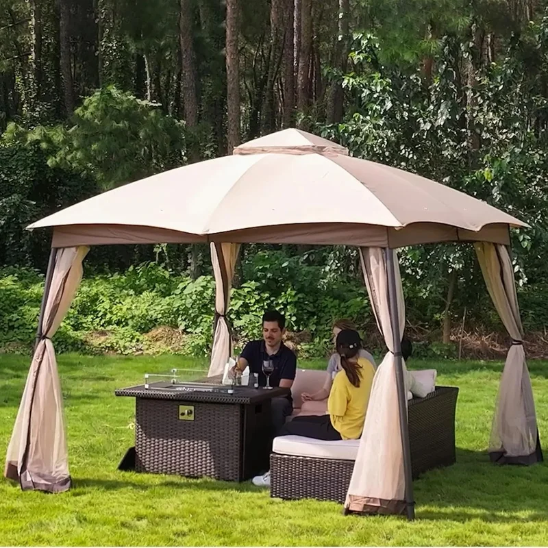 10x10 Outdoor Gazebo with Double Vent Canopy, Heavy Duty Steel Frame, Waterproof Design, Portable with Privacy Netting Screen