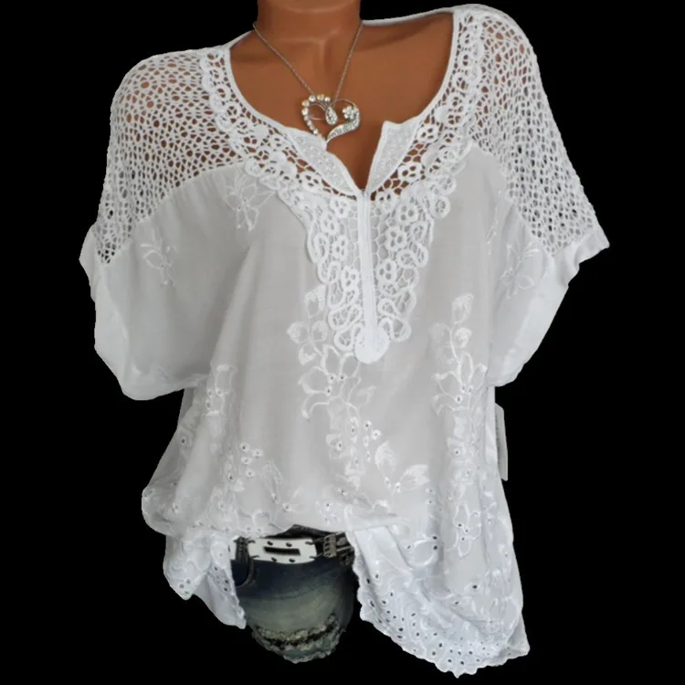 

Fashion Women's Shirt Lace Solid Color V-neck Three-quarter Sleeve Embroidered Short-sleeved Bat Shirt