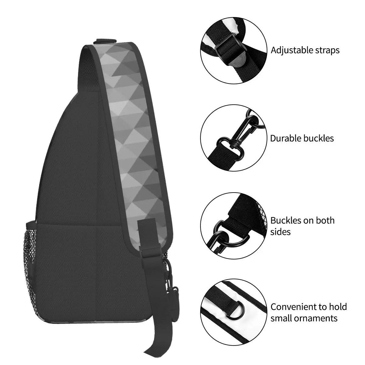 Mochila cruzada triangular de escala de grises, bolso de pecho, Cuadrado geométrico, mochila de hombro, paquete de día para viajes, senderismo y ciclismo