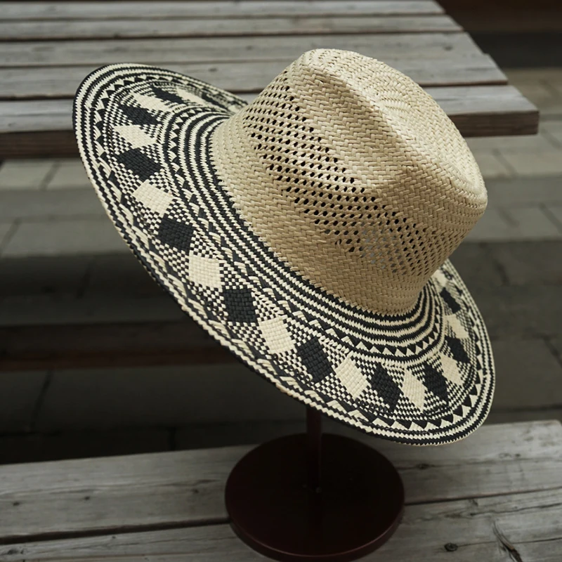 New Designer Black Beige Patchwork Straw Panama Hat for Women Sun Hat Wide Brim Summer Beach Hat Fedora Hat Church Derby Hat